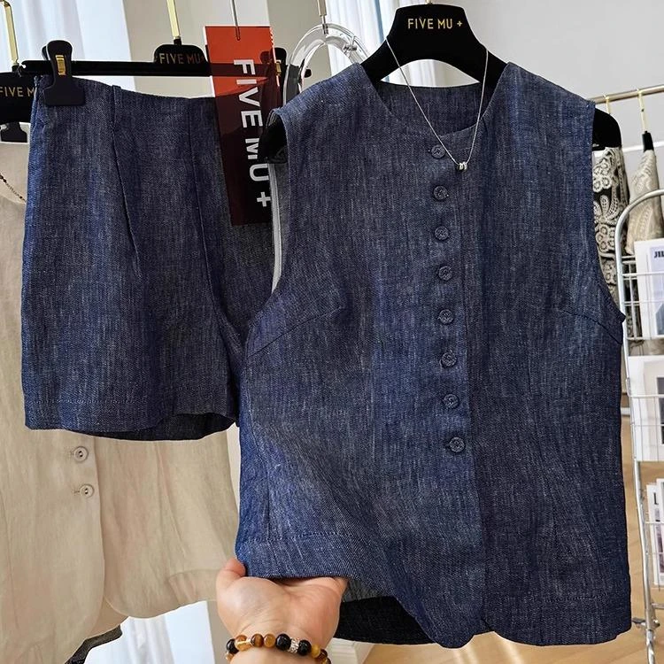 高端气质修身马甲短裤穿搭一整套时尚小套装女夏季纯亚麻两件套