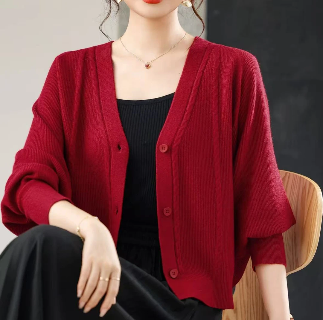 2025新款蝙蝠衫毛衣开衫外套女士V领小个子针织衫春秋气质上衣