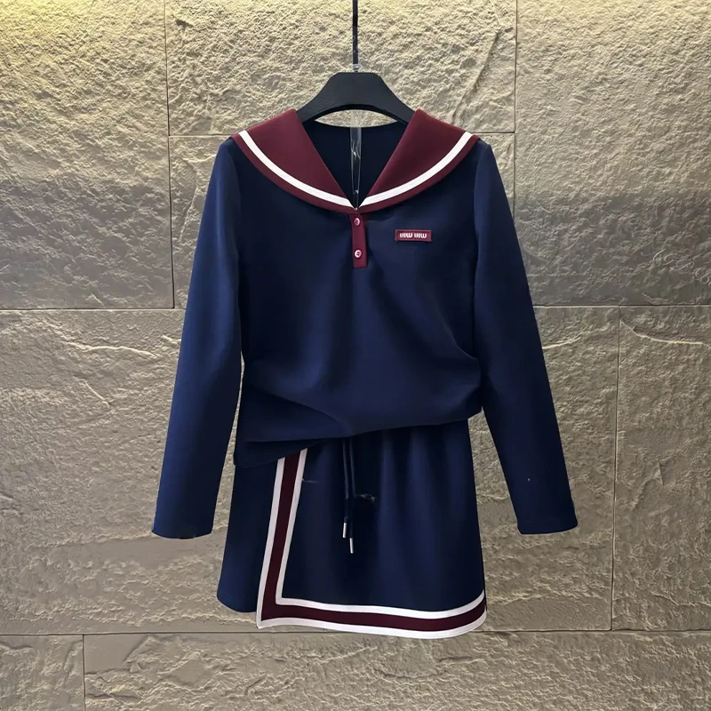 学院风设计感套装女2025年春秋新款翻领针织长袖t恤半身裙两件套