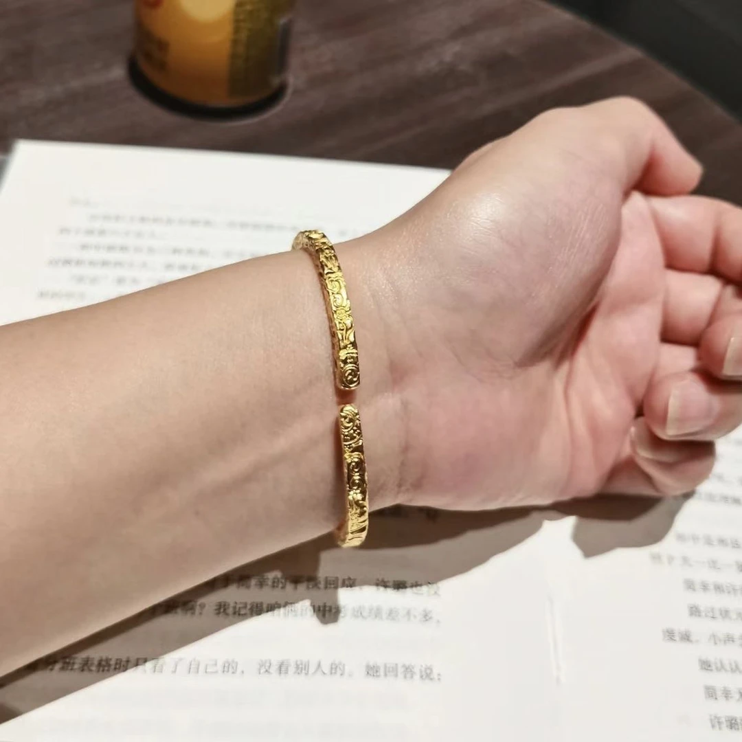 铜合金手镯 古法经典百搭金色气质实心吉言手镯可调节