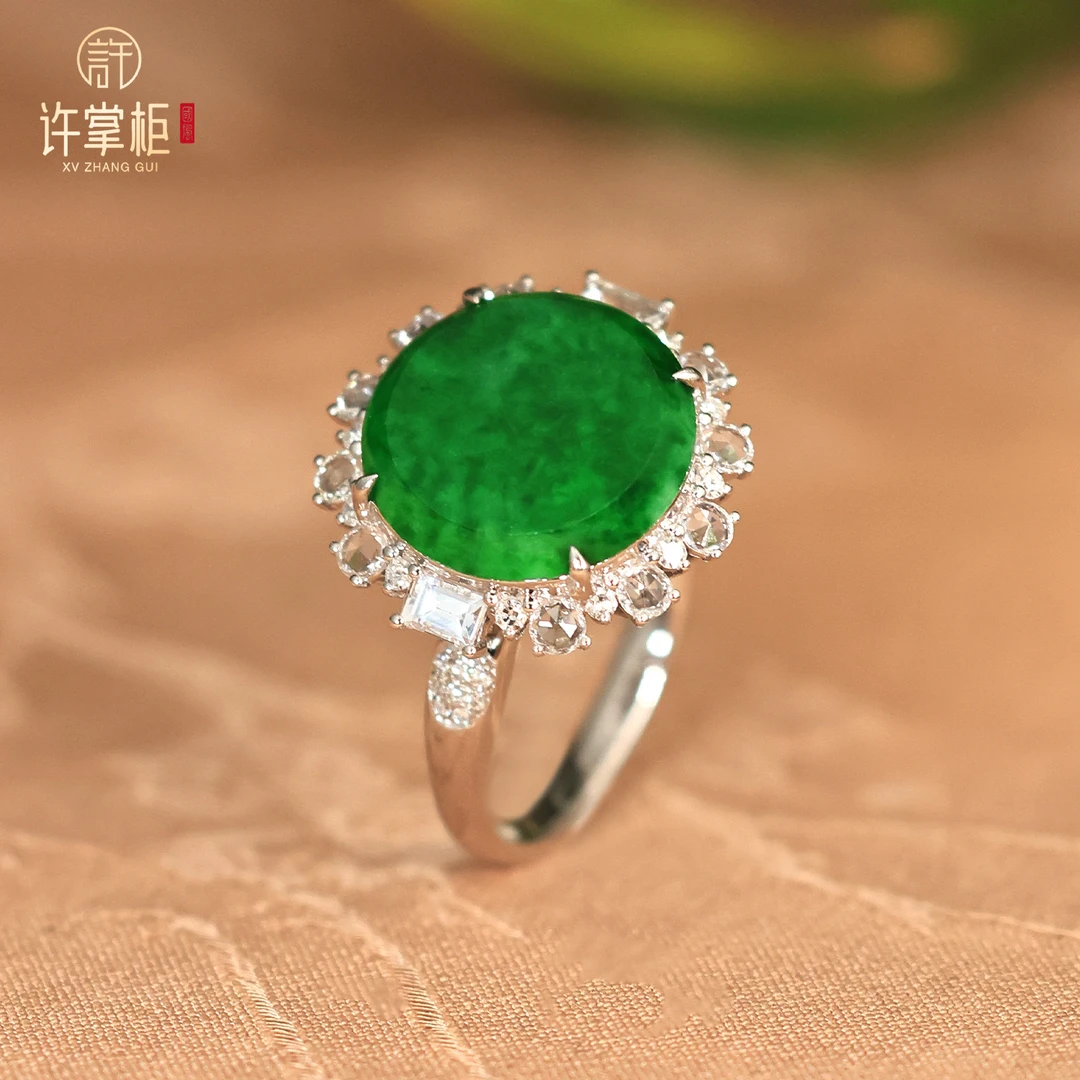 许掌柜｜18K金翡翠戒指天然缅甸翡翠A货原创设计圆面配饰精美气质