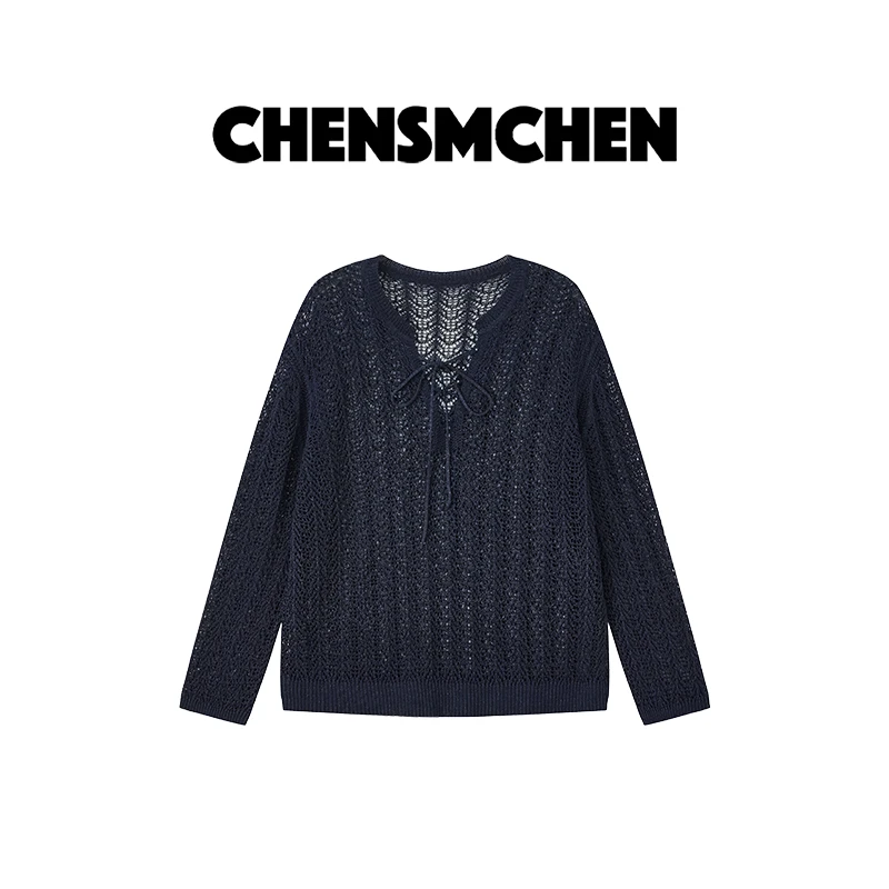 CHENSMCHEN 镂空亚麻藏蓝系带V领针织衫女春季百搭上衣CSZ2020TT