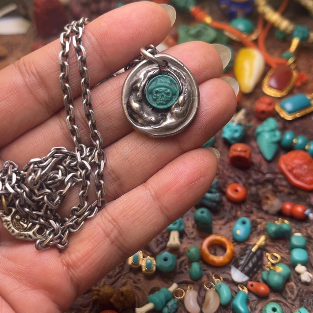 绿松石骷髅银S925镶嵌