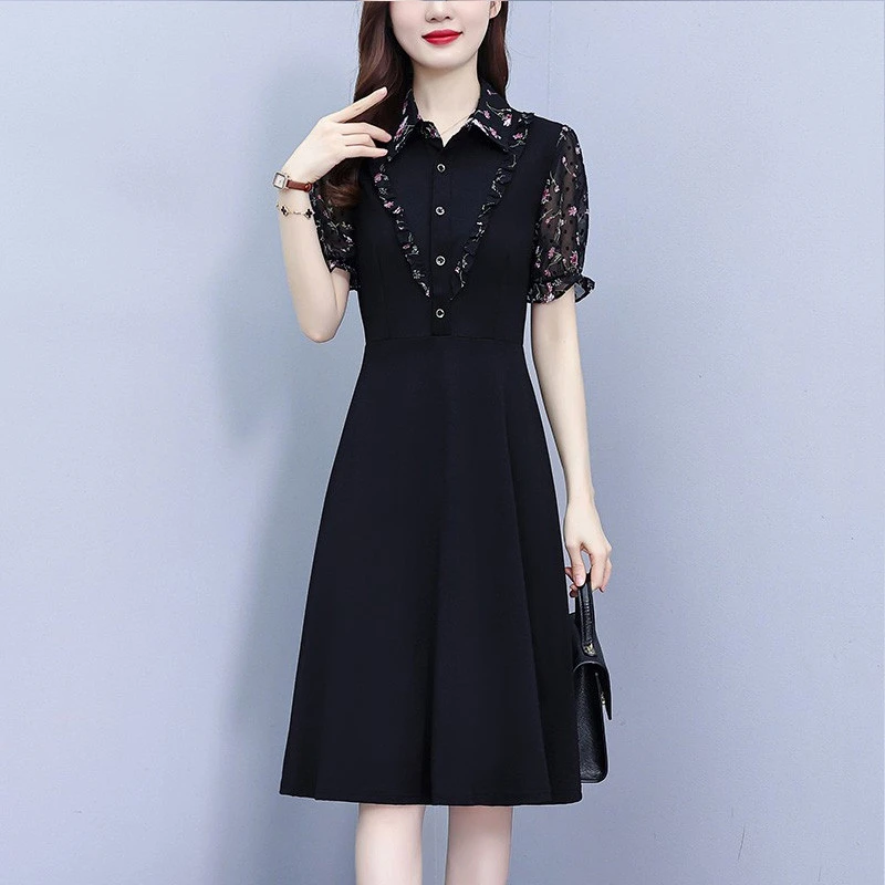 碎花雪纺连衣裙子女装夏季2025新款小个子假两件套气质收腰中长款