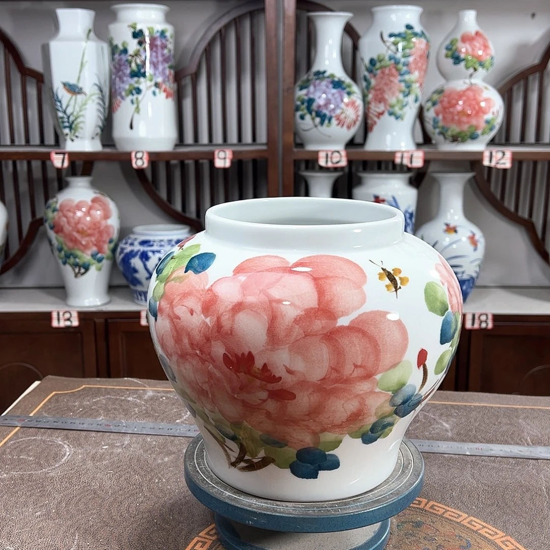 摆件景德镇陶瓷大口红牡花