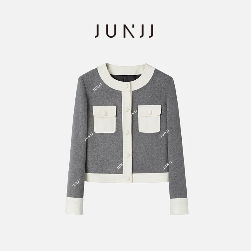 JUNJJ【灰白画馆】2024秋季圆领撞色经典女士时尚秋冬百搭休闲外套