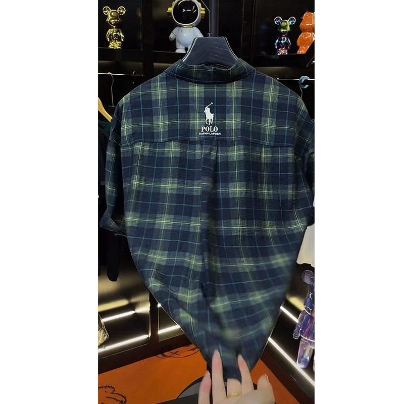 欧货轻奢高定大牌男装衬衣2025夏新款字母刺绣复古设计感格纹衬衫