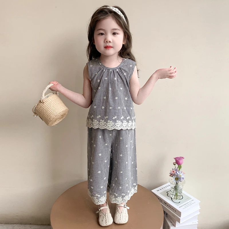 女小童洋气绣花格子背心套装夏季2025新款儿童韩版女宝宝两件套潮