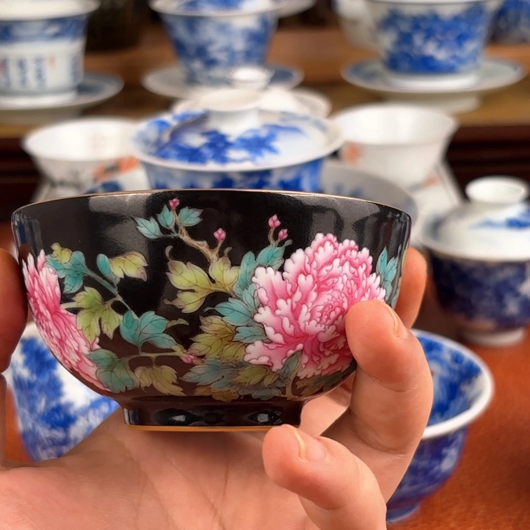 黑底牡丹主人杯 景德镇纯手工手绘