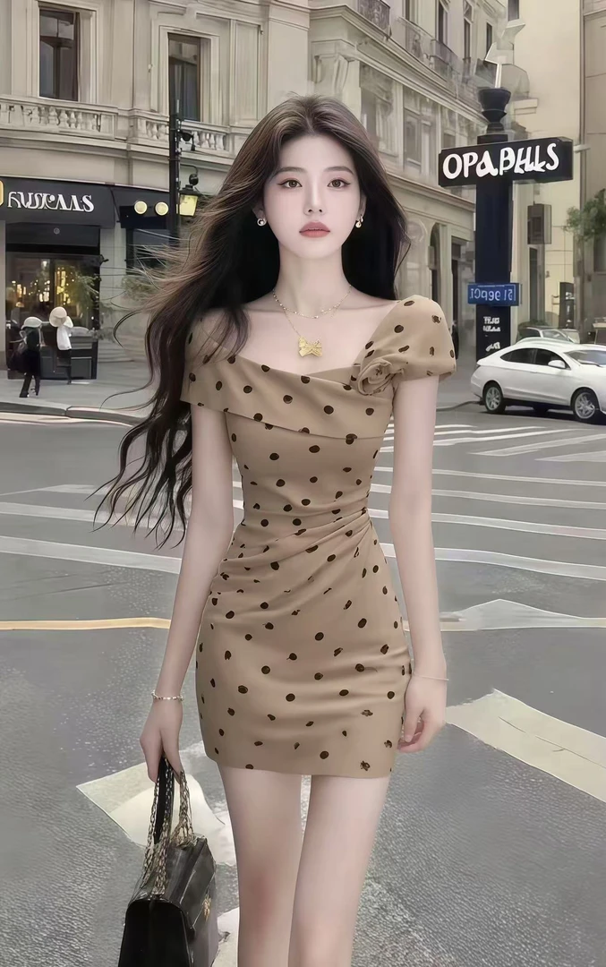 小个子温柔纯欲风不规则修身波点收腰包臀卡其色连衣裙女时尚短裙