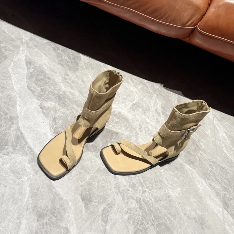 欧洲站~内增高真皮套趾罗马凉靴女2025夏新款辣妹裤管靴ins风凉鞋