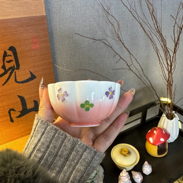 手绘堆料主人杯花口杯粉色大号茶杯（孤品）