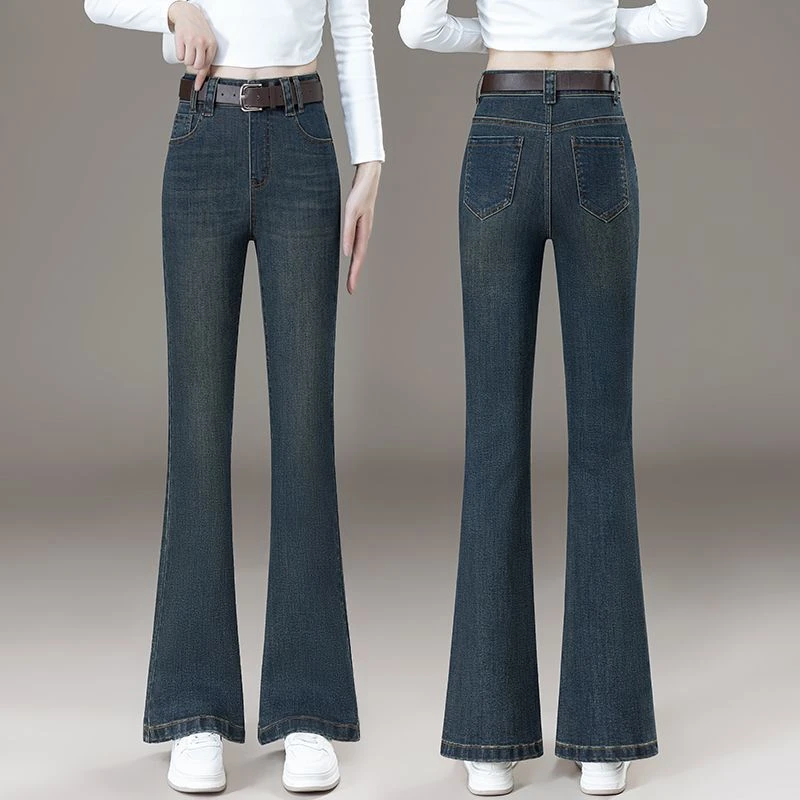 复古牛仔微喇裤女2025年春秋季新款弹力修身显瘦休闲喇叭马蹄裤子