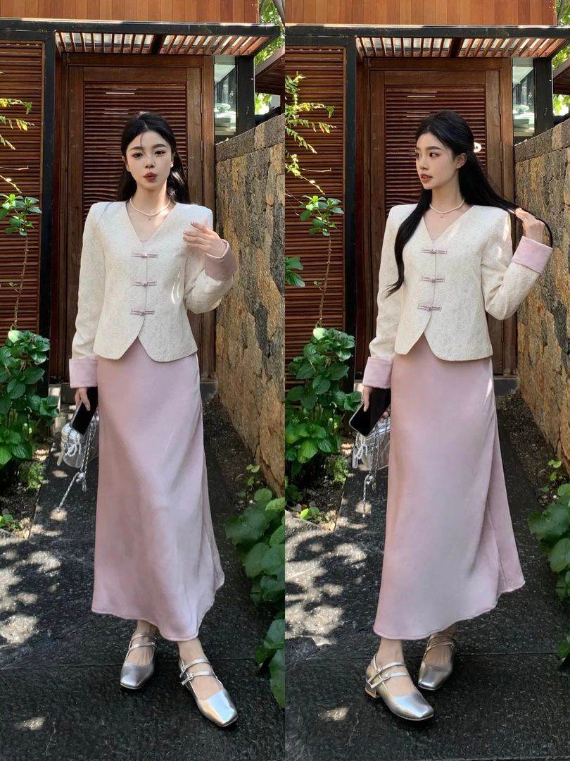 6701 大码秋季外搭新中式国风V领盘扣外套打底吊带连衣裙两件套