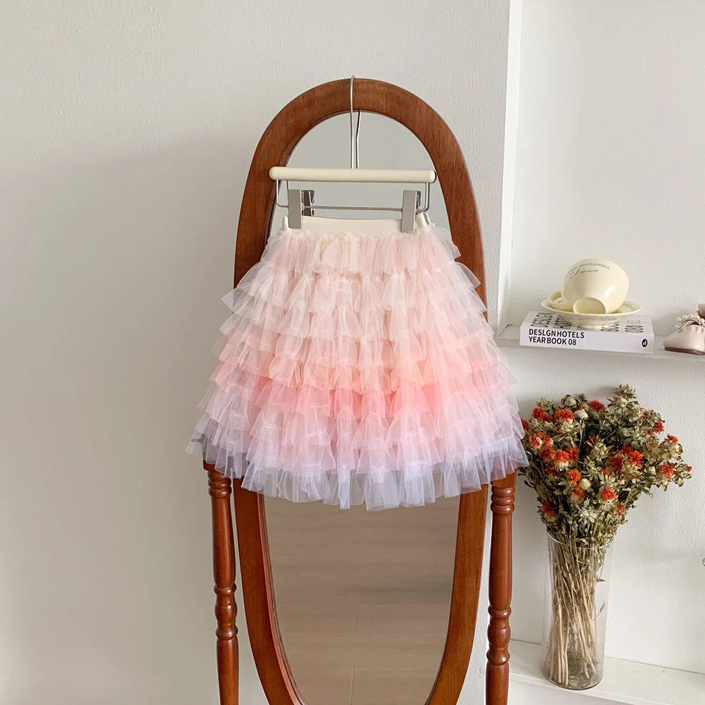 女童短裙洋气渐变半身裙中大童长款纱裙夏季新款女孩公主蛋糕裙