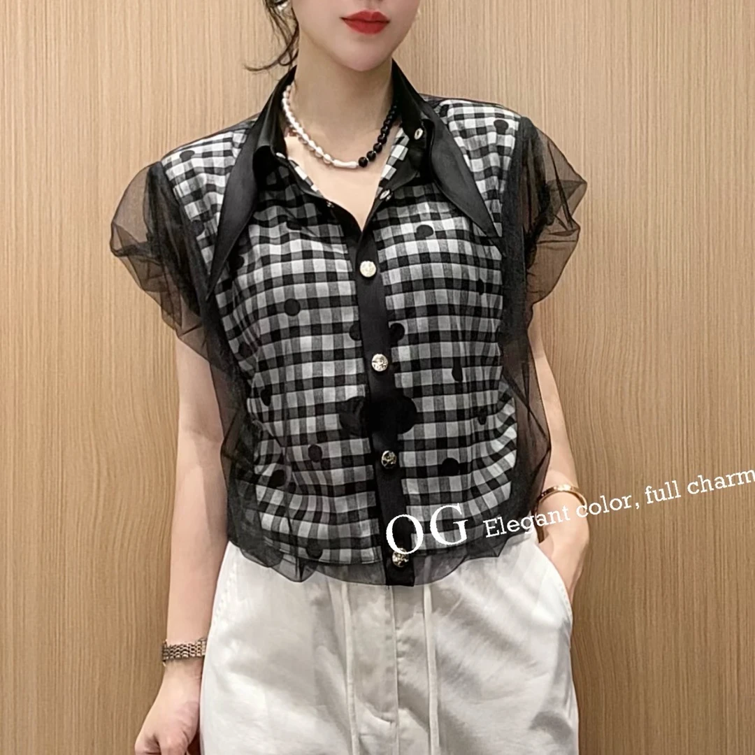 【玫瑰缘】欧货厂家福利OG韩版百搭气质时尚淑女风蕾丝格子衬衫短袖