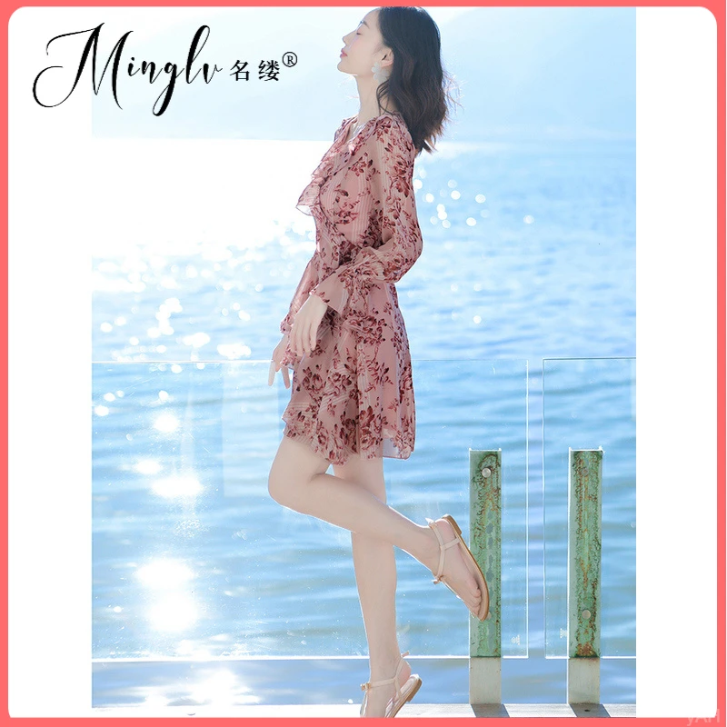 法式显瘦长袖短款裙子气质小个子夏季新款碎花连衣裙时尚2025超仙