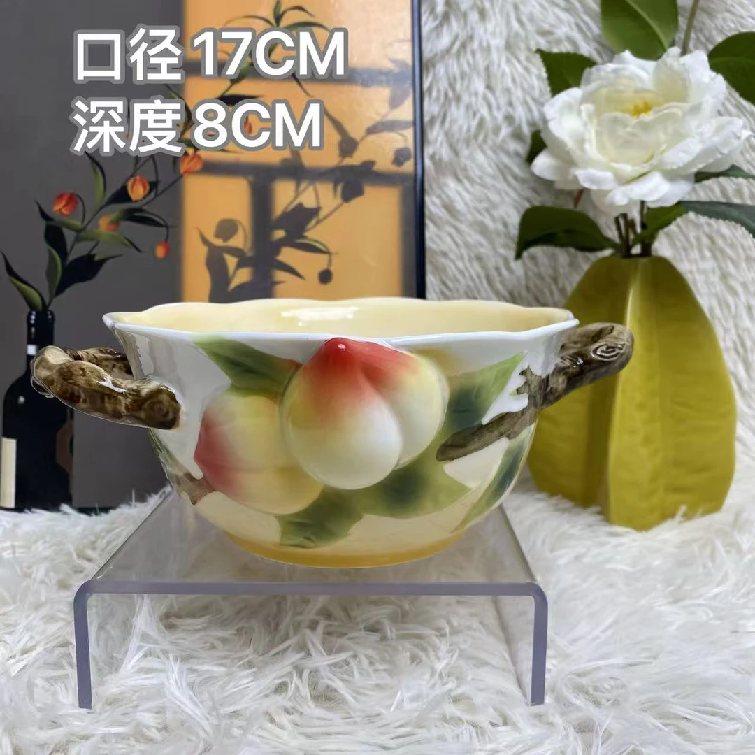 陶瓷新中式百财珐琅瓷浮雕寿桃系类手把碗面碗