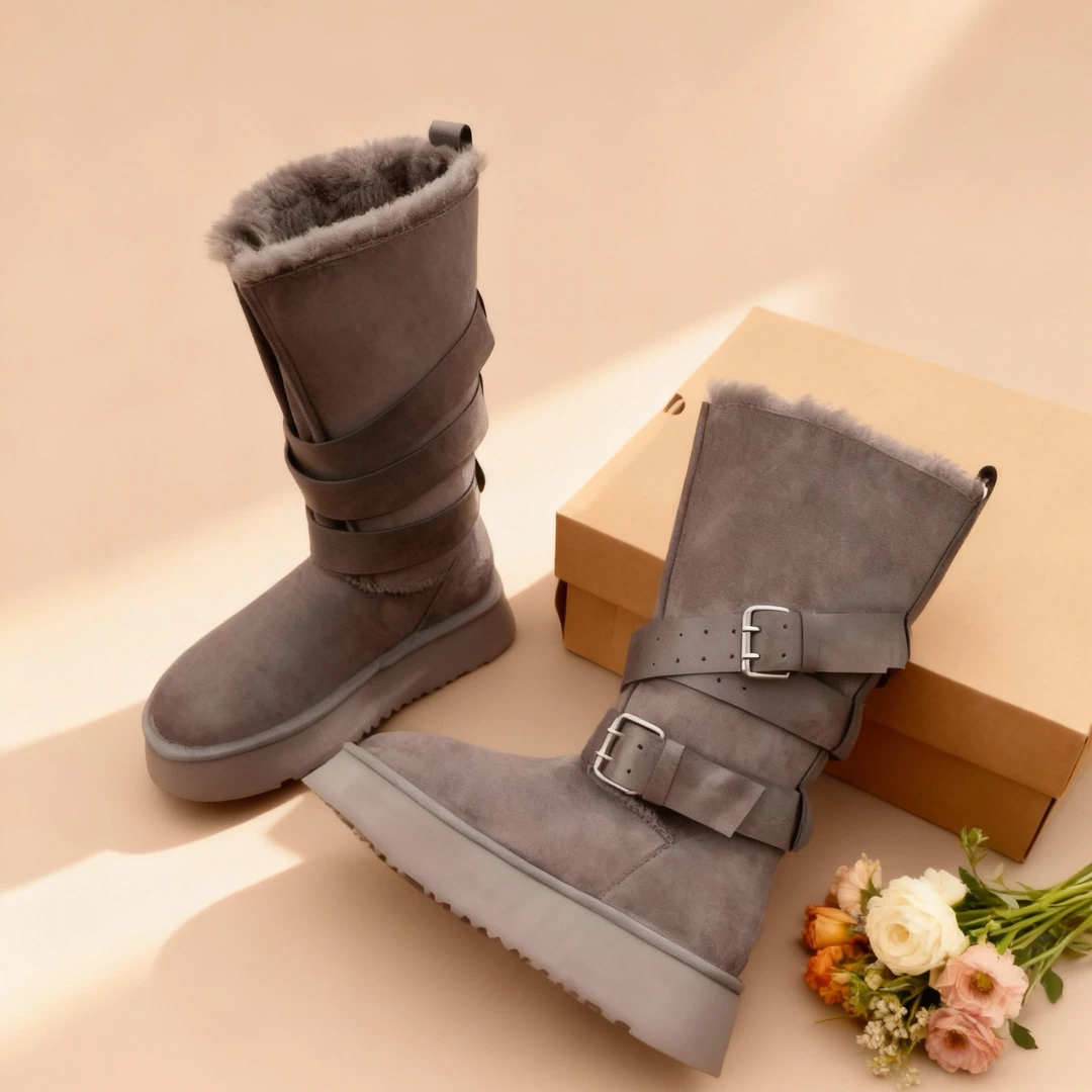 HUSSLOVE 绒面·跟高4CM·时尚百搭暖乎乎双层皮带扣经典雪地靴