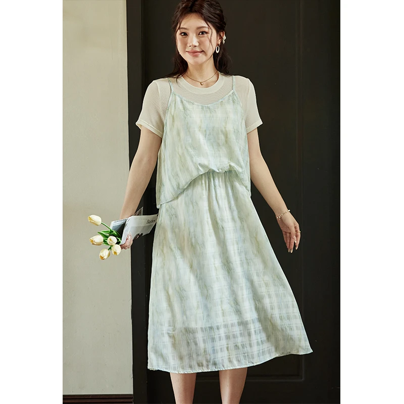 五季家大码女装【薄荷苏打】夏季气质杏减龄拼绿连衣裙ZL106046