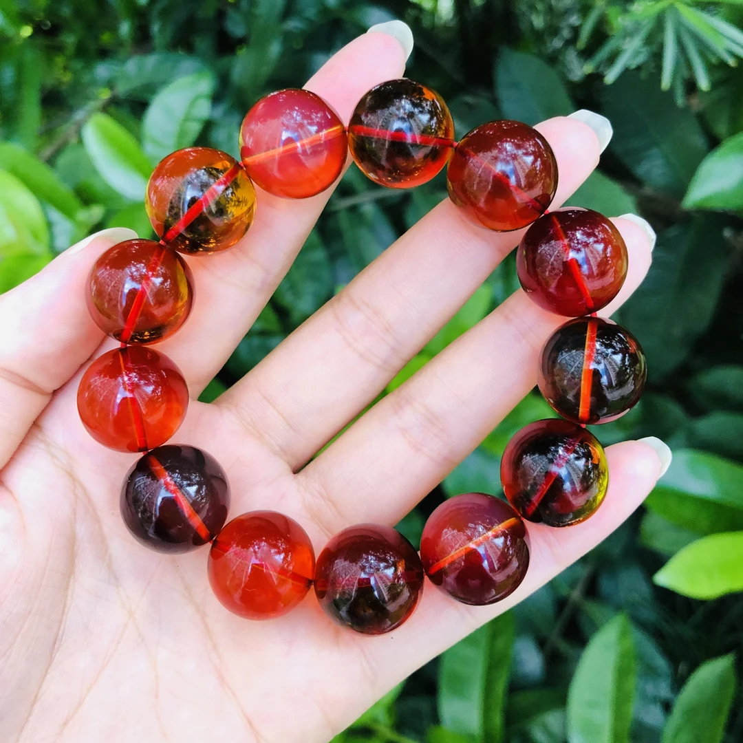 馆藏级5A净水大红蓝珀17+妖孽火彩男女同款手串