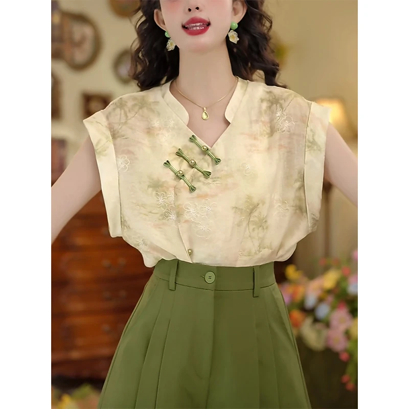 新中式复古短袖衬衫女2025夏季新款国风盘扣减龄时尚气质别致上衣