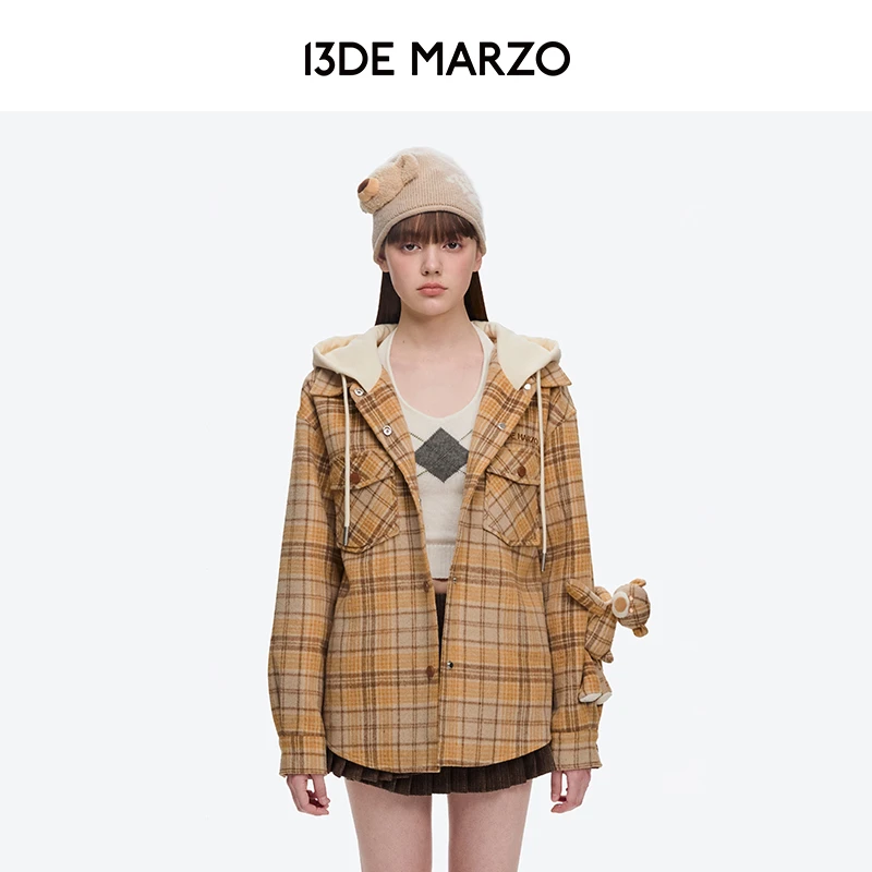 13DE MARZO男女同款 25早秋新款连帽格子上衣复古加厚呢子外套