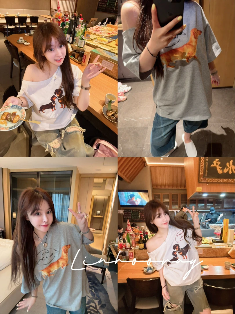 【sKycaptian】jennie同系列25春夏小狗性感漏肩斜肩短袖t#SK02322