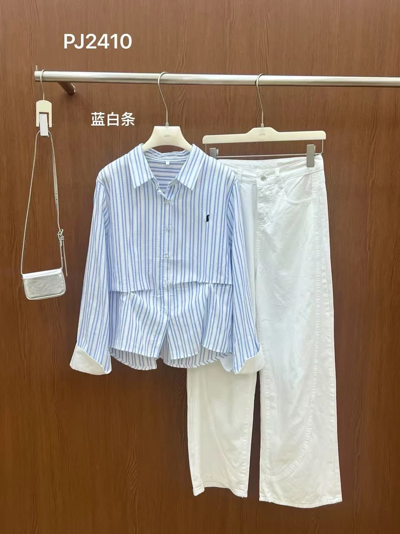 JUNXI（2410#）韩系通勤百搭蓝色条纹衬衫【L码衣长63】kc