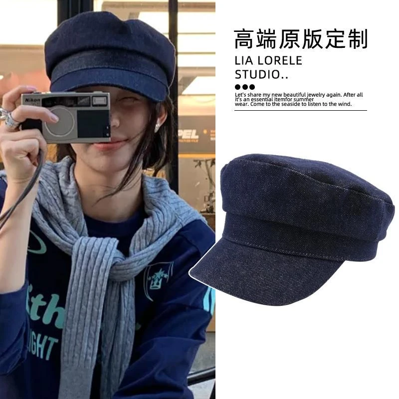 版型超正！复古深色牛仔平角帽子黑色时尚英伦气质显脸小海军帽新