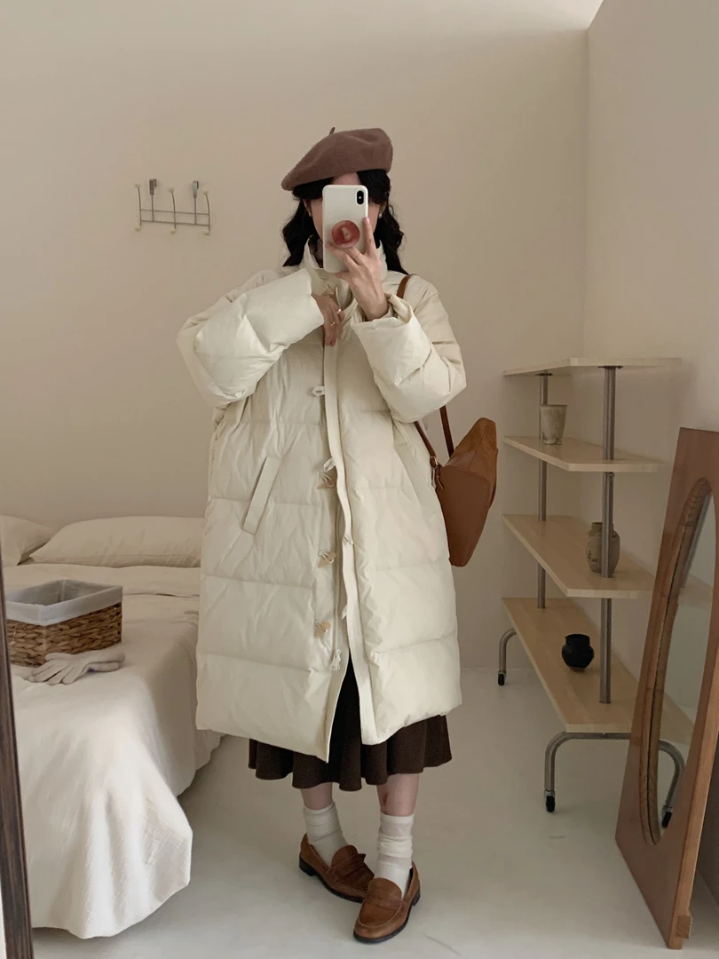 长款长袖纯色收腰韩版保暖加厚收腰百搭羽绒服宽松中长款