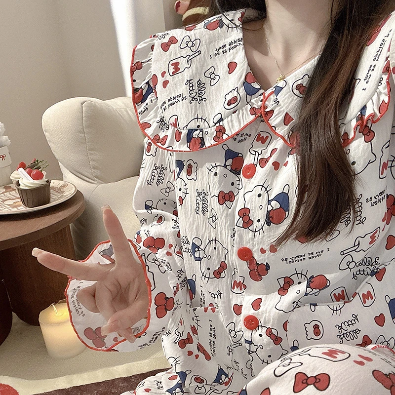 爱心口袋kitty睡衣女外穿春秋季带胸垫韩版学生娃娃领家居服套装