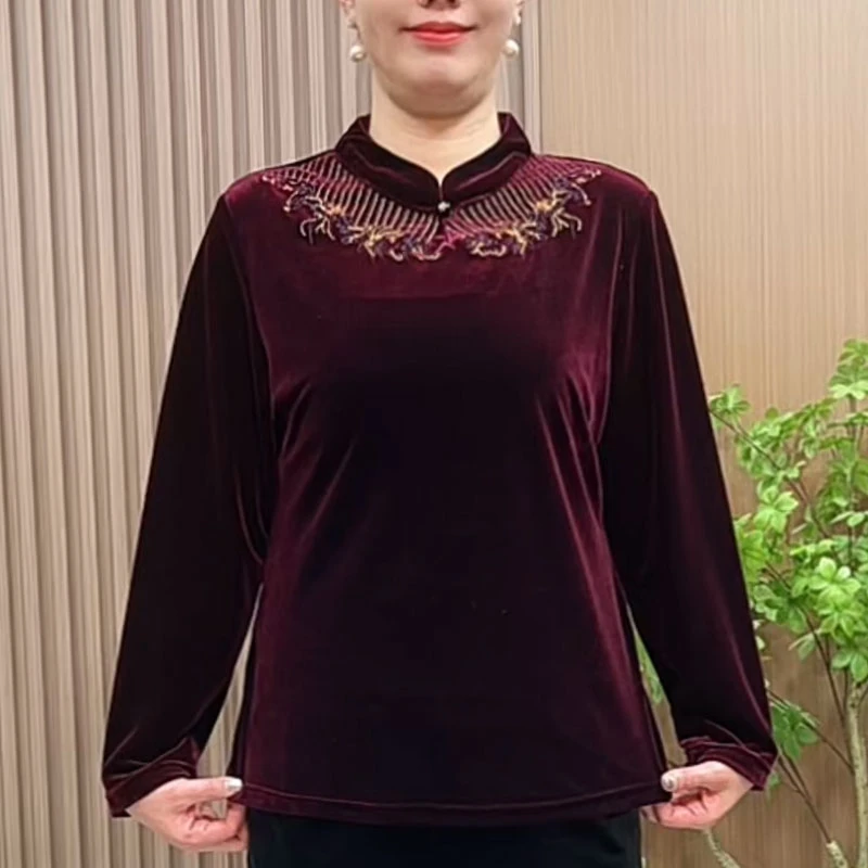 中老年秋季丝绒打底衫复古绣花中老年女装立领百搭刺绣百搭小衫