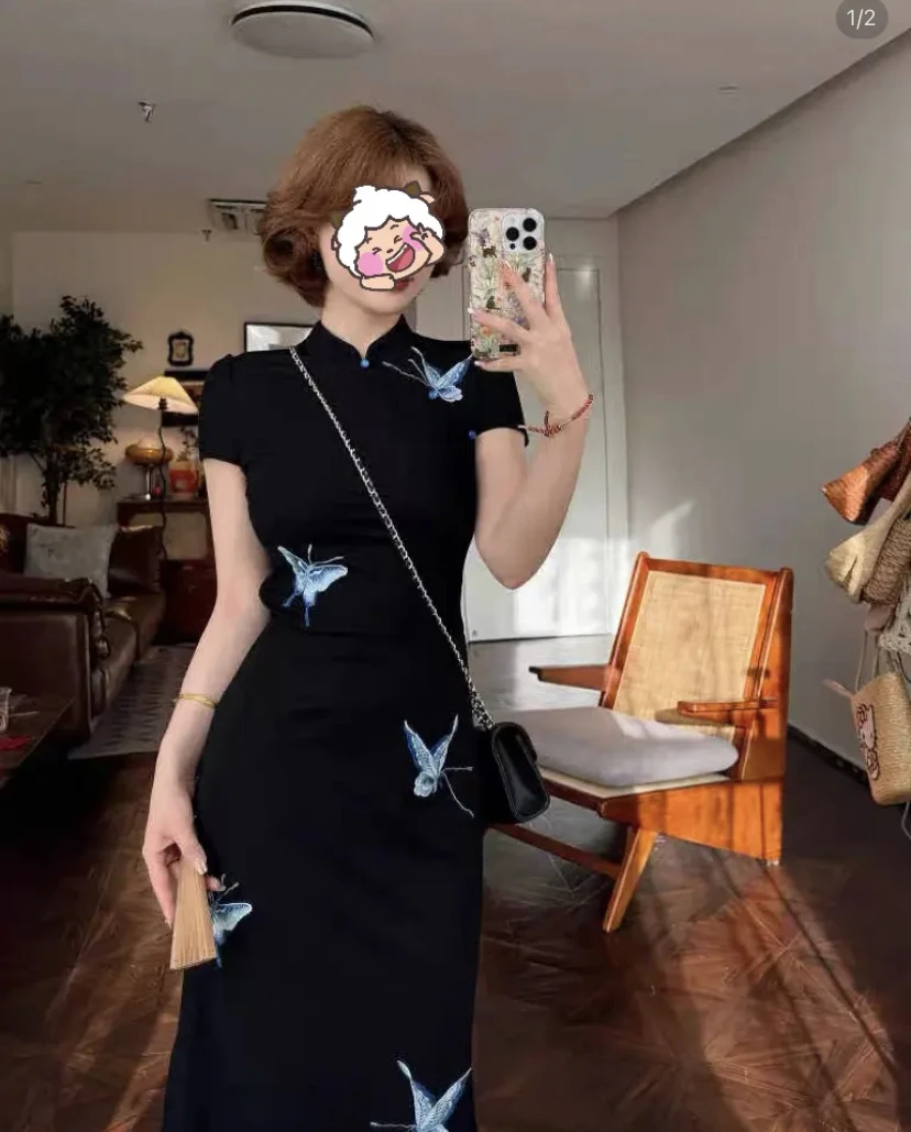 小九九 夏季新款新中式旗袍网纱蝴蝶气质连衣裙22566