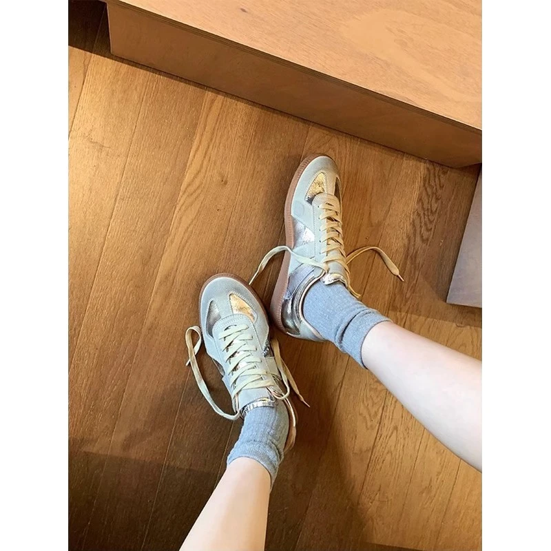 【澳门专柜正品】银色德训鞋女新款运动鞋休闲鞋平底鞋拼色真皮板鞋