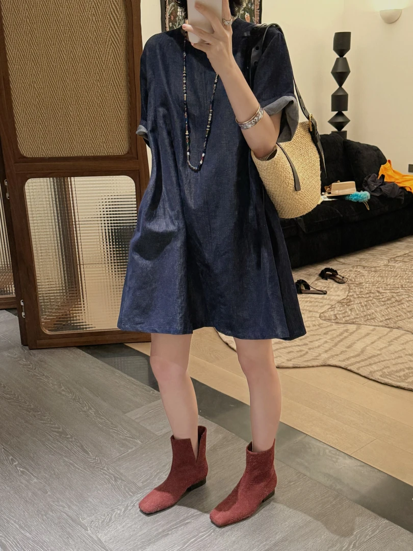 【日本进口连衣裙】棉麻刺绣复古牛仔连衣裙 J25LYQ251