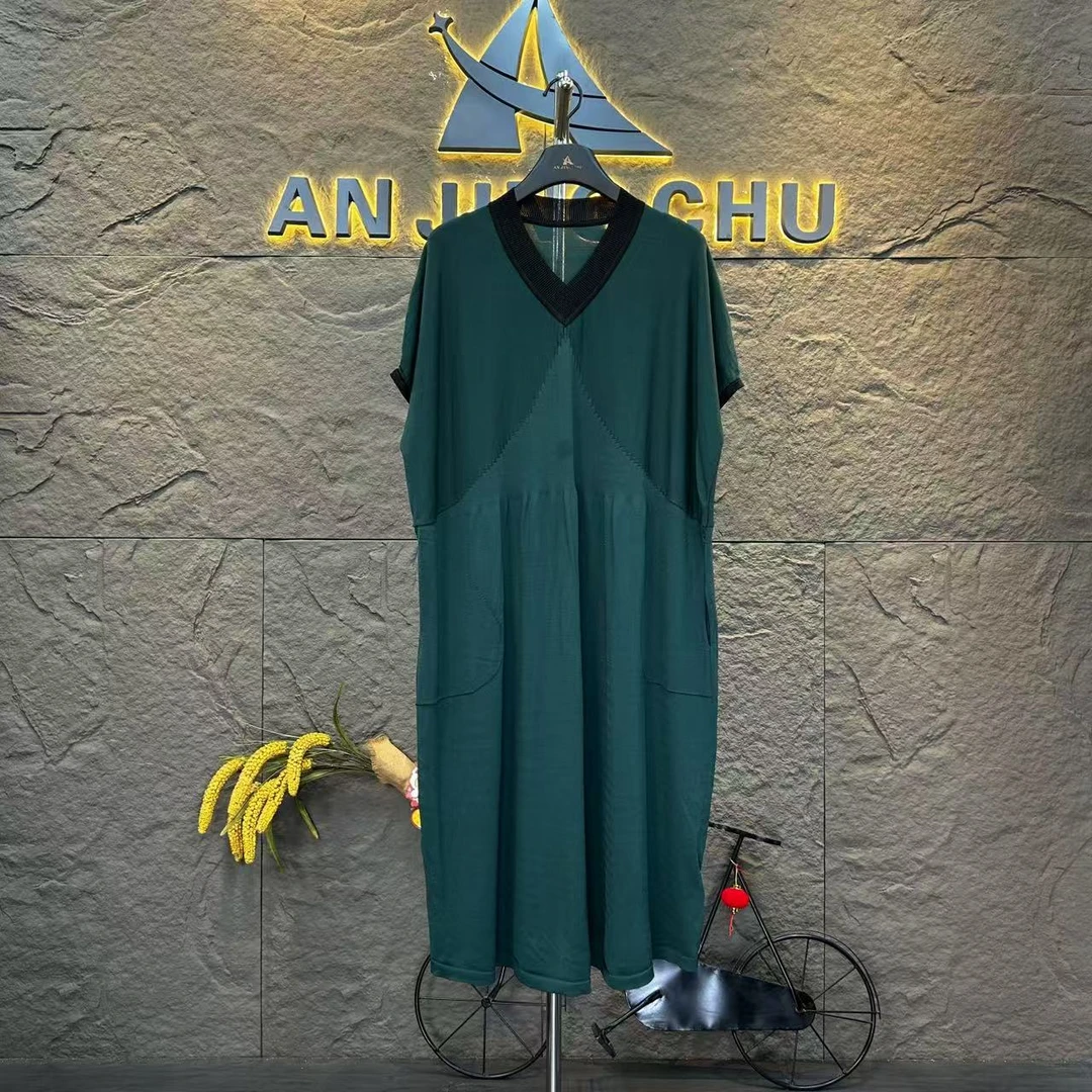 20 夏款时尚上档次洋气高档中长款墨绿连衣裙