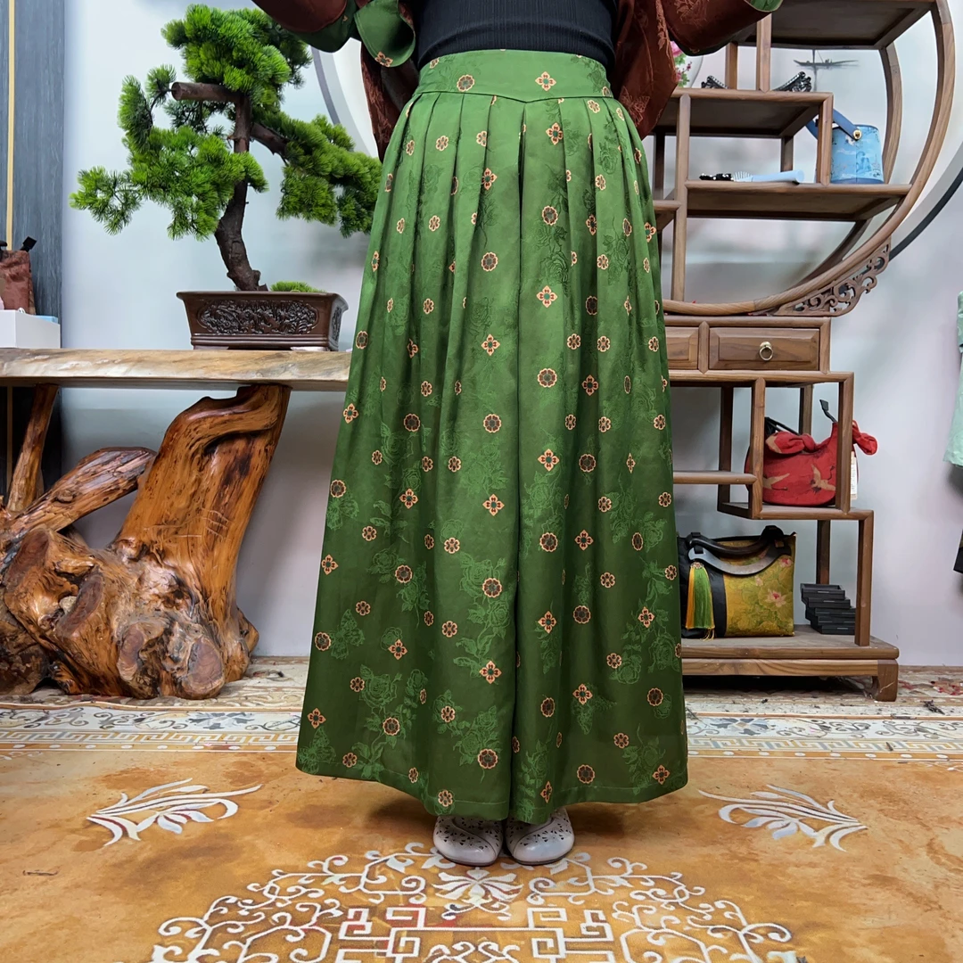 40姆米绿色红云纱宝相花裤裙100桑蚕丝