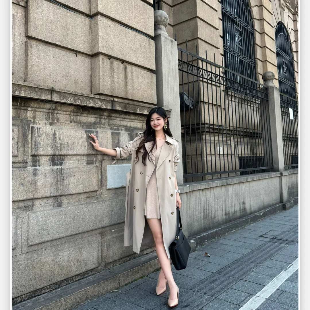 【巴黎旧梦】2025早春大翻领双排扣中长款气质风衣外套女小个子可穿