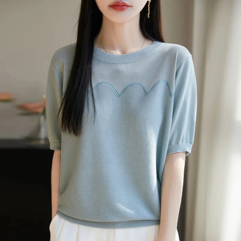 2025春夏新款镶钻轻奢莱赛尔丝滑亲肤女士肌理感针织短袖女T恤衫