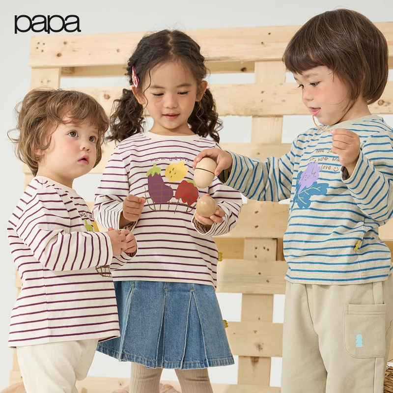 【秀场同款】papa爬爬秋季男女宝宝彩铅纱条纹印花长袖T恤休闲舒适