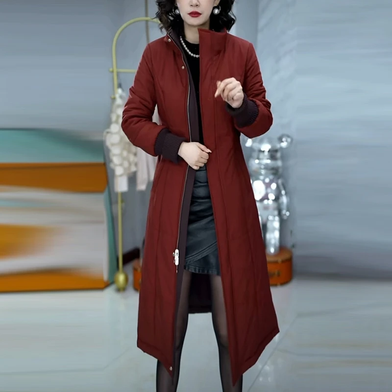 红色加厚中长款棉衣冬季新款连帽女款保暖棉服棉服50-60岁外套
