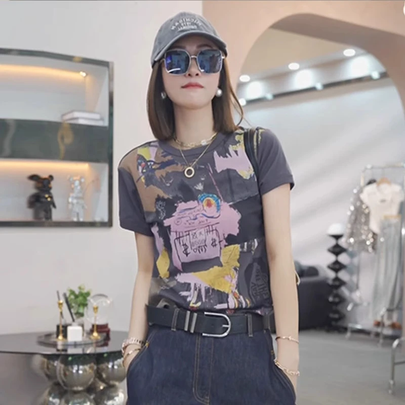 潮流简约通勤显瘦短袖T恤2025夏季新款潮酷气质美式复古印花上衣
