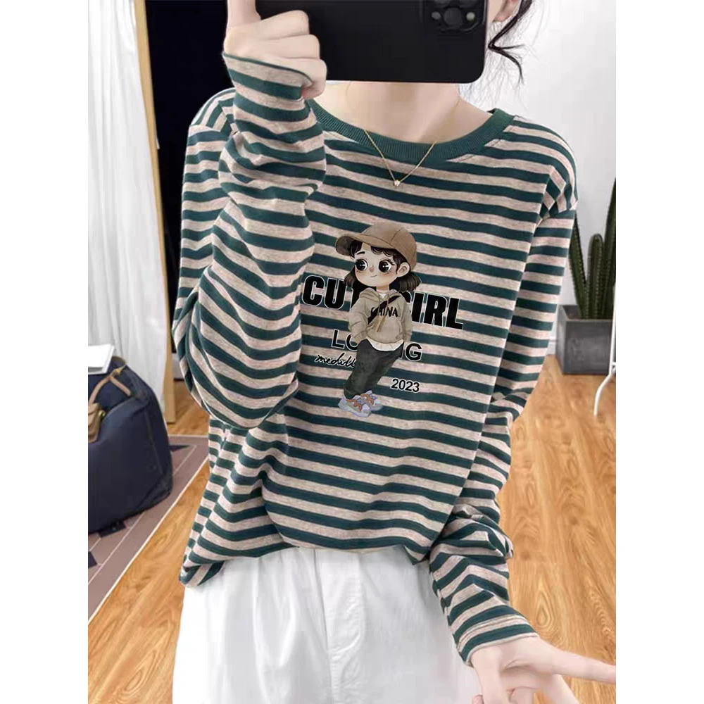 咖色条纹正肩长袖t恤女秋冬内搭德绒打底衫叠穿印花磨毛上衣