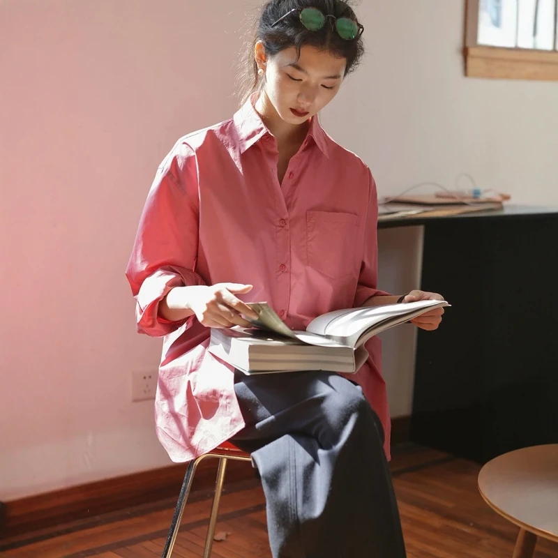 2025春季新款日系简约百搭高级感全棉衬衫宽松翻领口袋慵懒风衬衣