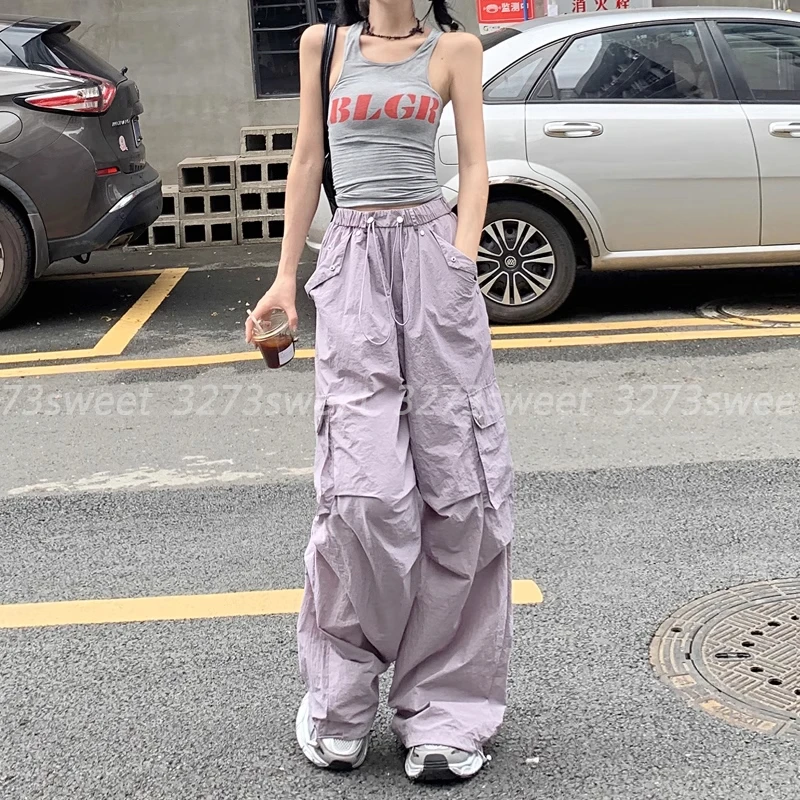 美式阔腿工装裤女夏季薄款爆款冰丝速干高腰宽松运动休闲伞兵裤子