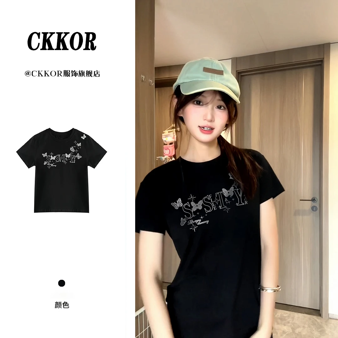CKKOR夏季学生短款t恤女短袖新款爆款正肩修身显瘦百搭圆领上衣服