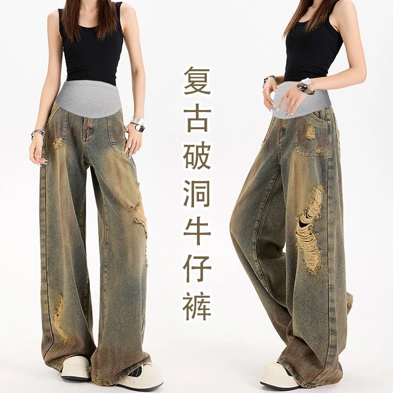 孕妇牛仔裤水洗秋季新款复古破洞托腹潮妈休闲外穿拖地长裤子秋冬