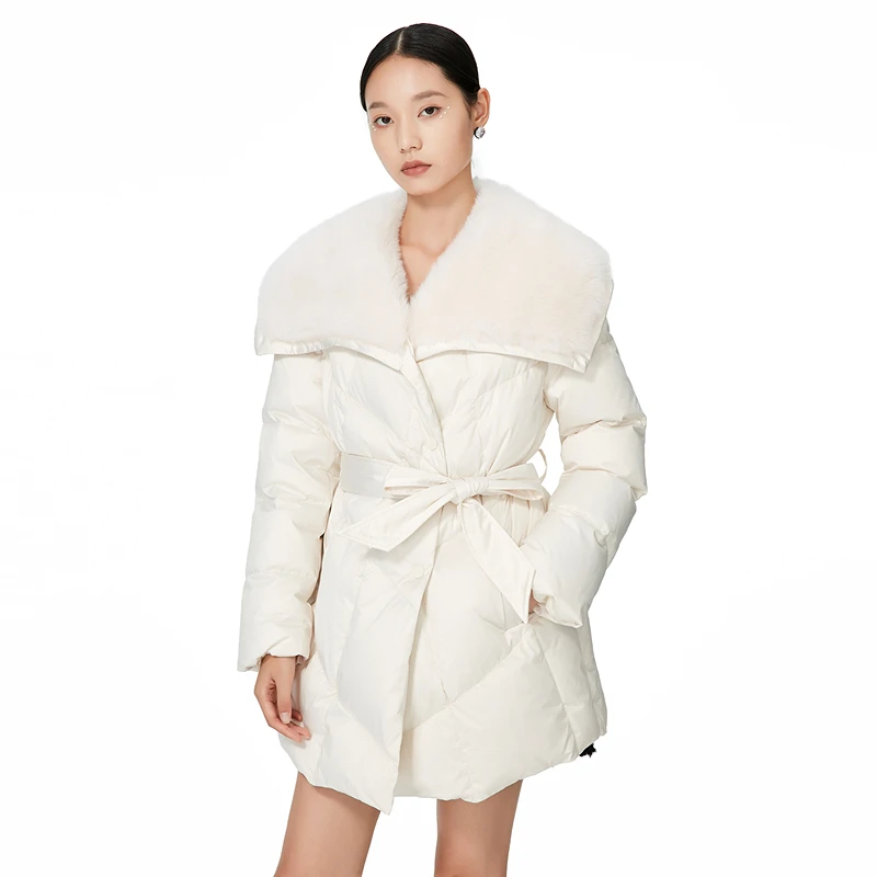 【千颂妮专享】Caroline秋冬新款中长款V领绑带收腰羽绒服ECRDDC02