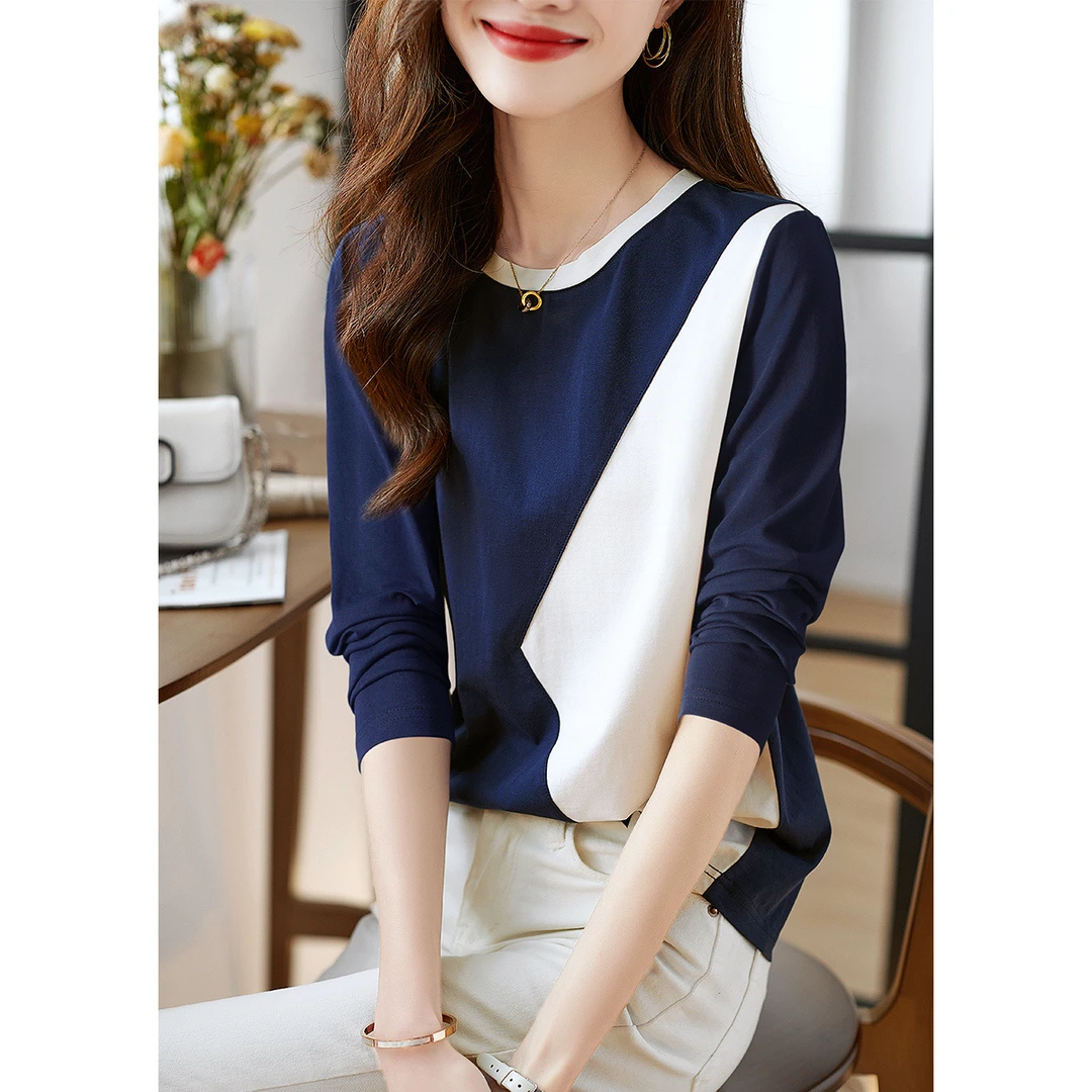 XWI/欣未2025秋夏新款时尚拼接简约宽松百搭长袖T恤休闲撞色3072